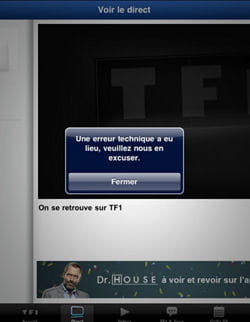 exemple d'une erreur de flux vidéo sur l'application tf1