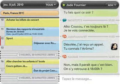 a gauche, le très bon calendrier de synergy, à droite un suivi de conversation