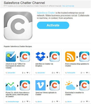 pour qu'ifttt puisse interagir avec chatter, il faut d'abord 'activer' le canal