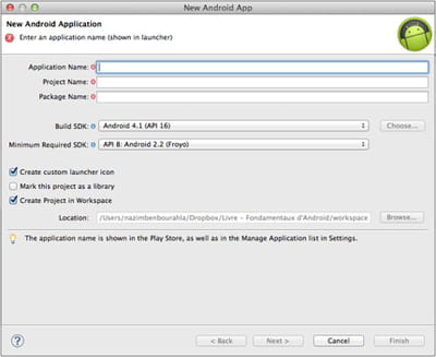 interface d'eclipse de création d'une nouvelle application.
