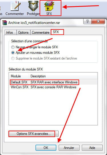 copie d'écran de la fonction sfx sous winrar.