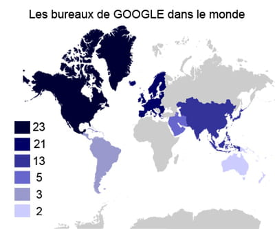 nombre de bureaux de google sur chaque continent.