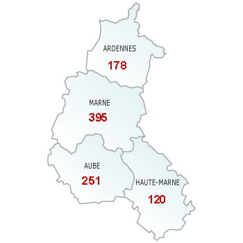 en rouge, le nombre de défaillances dans le département.