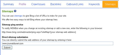 pour soumettre un sitemap à bing, il suffit de saisir son url dans le format