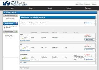 console de sélection des offres d'hébergement d'ovh.