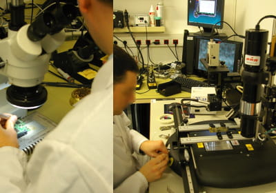 les disques durs endommagés sont reconstruits. a droite, un canon à souder