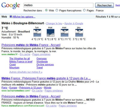 résultats de google pour la requête 'météo'