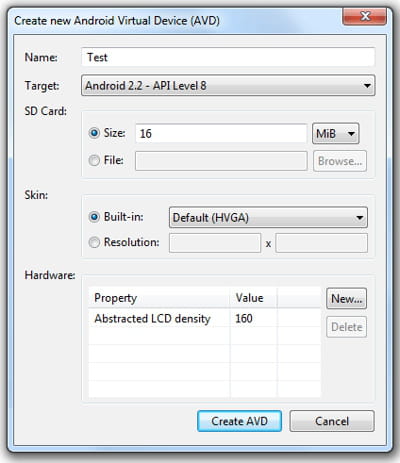 paramétrer l'android virtual device