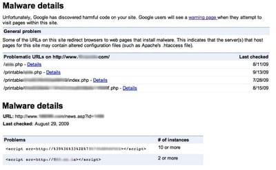 malware details liste les pages web d'un site présentant des signes pouvant