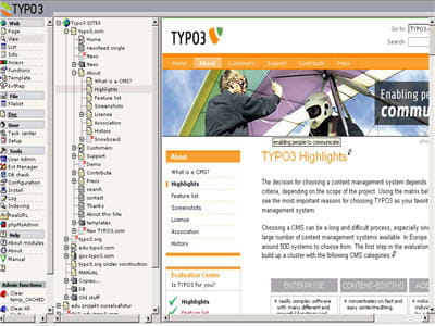 interface de navigation dans le back-office avec fenêtre de visualisation