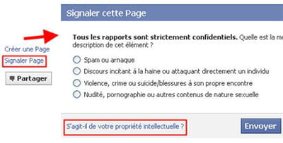 l'option signaler un contenu d'une page facebook