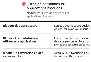 copie d'écran de la fonction liste des personnes et applications bloquées des