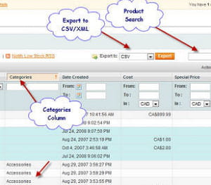 export csv/xml, colonne dédiée aux catégories, recherche de produit :