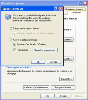 le menu de gestion des rapports d'erreurs sous windows xp.