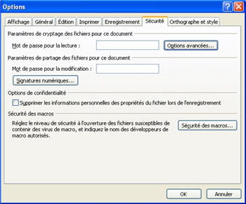 les options de sécurité du document sous powerpoint