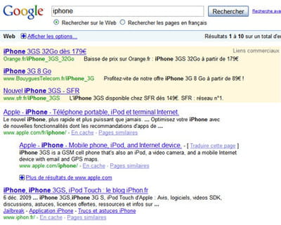 résultats de google pour la requête 'iphone'