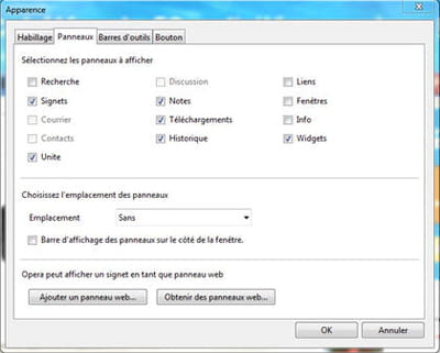 le menu apparence d'opera qui permet de créer son panneau personnalisé.