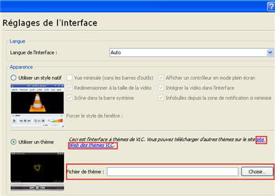 le menu pour sélectionner des thèmes sous vlc