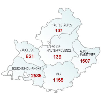 en rouge, le nombre de défaillances dans le département.