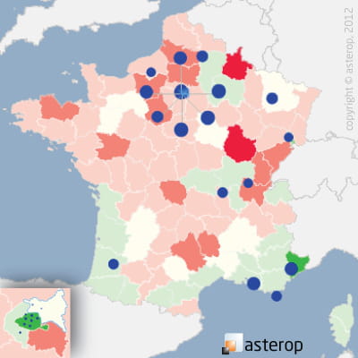 les cercles bleus représentent les 20 premiers pôles commerciaux du secteur. la