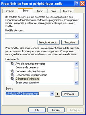 le menu de gestion des sons sous windows xp