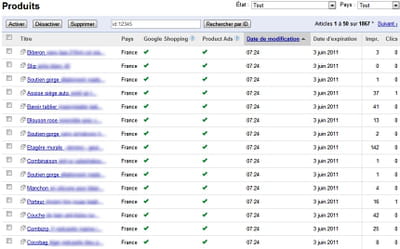 capture d'écran de la page produits de google merchant center