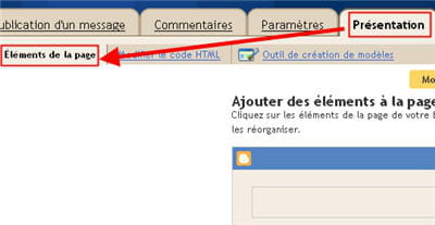 copie d'écran du menu 'présentation' > 'éléments de la page' sous blogger.
