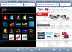 le site mobile tv.freebox.fr et la page d'accueil du portail de free sur iphone