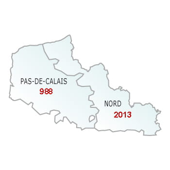 en rouge, le nombre de défaillances dans le département.