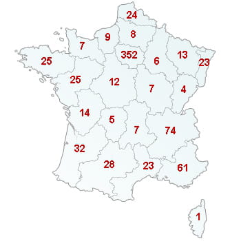 en rouge, le nombre de défaillances dans le secteur par région.