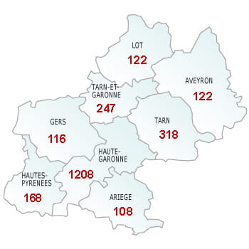 en rouge, le nombre de défaillances dans le département.