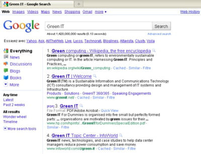 les quatre premiers résultats de google sur la requête green it.
