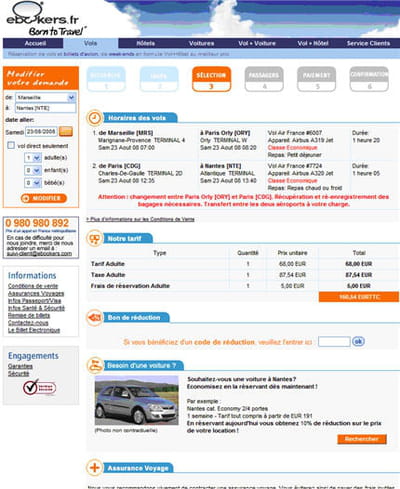 panier de commande pour réserver un vol sur ebookers