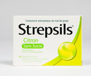 strepsils au citron sans sucre, boîte de 24 pastilles.