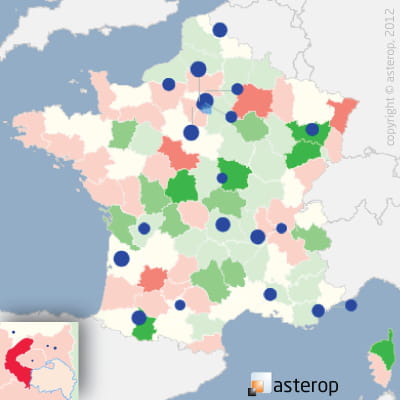 les cercles bleus représentent les 20 premiers pôles commerciaux du secteur. la