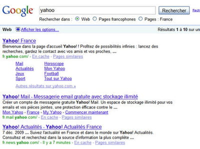 résultats de google pour la requête 'yahoo'