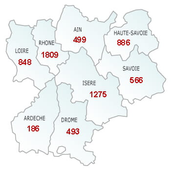en rouge, le nombre de défaillances dans le département.