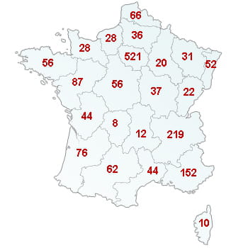 en rouge, le nombre de défaillances dans le secteur par région.