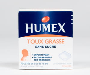 humex expectorant sans sucre, boîte de 20 comprimés.
