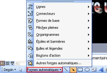 l'option formes automatiques dans la barre d'affichage dessin de powerpoint.
