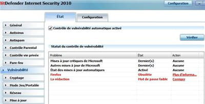 le détecteur de vulnérabilité sur notre pc de test : windows est à jour, mais