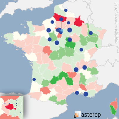 les cercles bleus représentent les 20 premiers pôles commerciaux du secteur. la