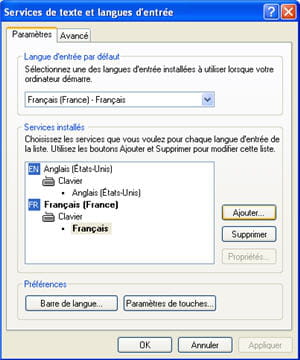 le menu des langues sous windows xp.