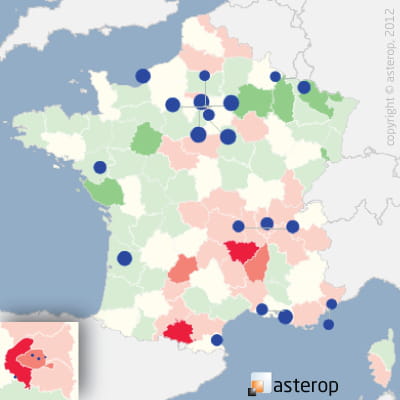 les cercles bleus représentent les 20 premiers pôles commerciaux du secteur. la