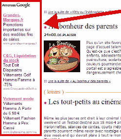 capture d'écran du site 24h00.fr montrant un skyscraper d'annonces adsense dans