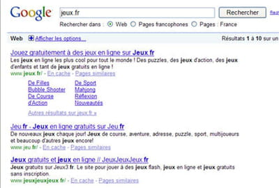 résultats de google pour la requête 'jeux.fr'