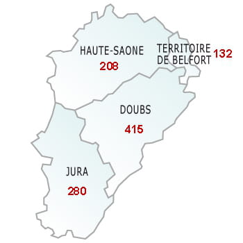 en rouge, le nombre de défaillances dans le département.