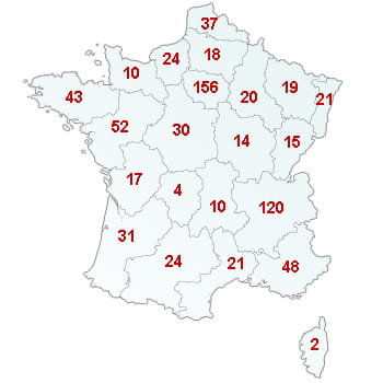 en rouge, le nombre de défaillances dans le secteur par région.