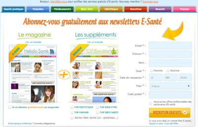 la page originale d'e-santé proposant de s'abonner aux newsletters