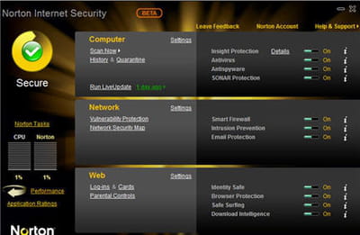 la très chic interface de norton inernet security 2010